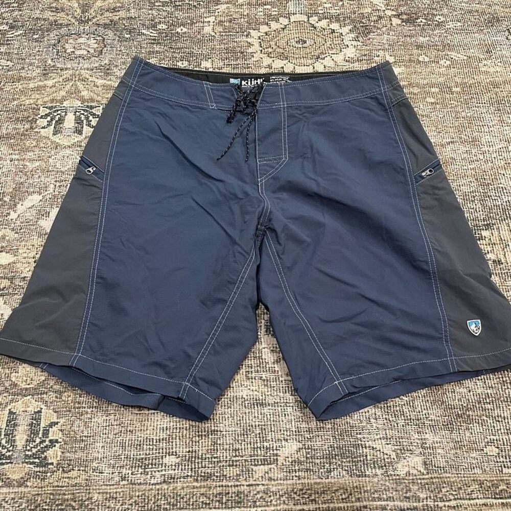 KUHL Mens 34 Board Shorts Navy Blue Gray Nylon Stretch Panel Hybrid Swim Trunks
